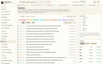 The newswire page with tagged headlines and a movers panel